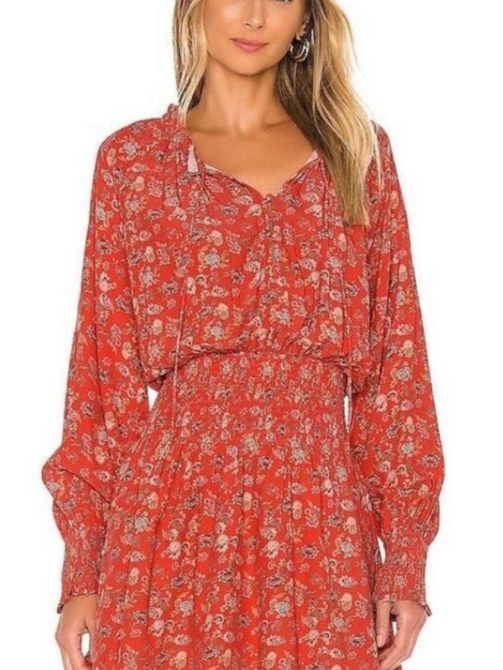 Cleobella Red Floral Long Sleeve Smocked Dress